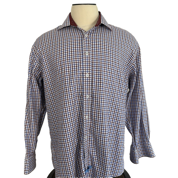 English Laundry Men’s size 17.5 34/35 Button Up Shirt Red Blue Check Flip Cuff - Picture 1 of 10